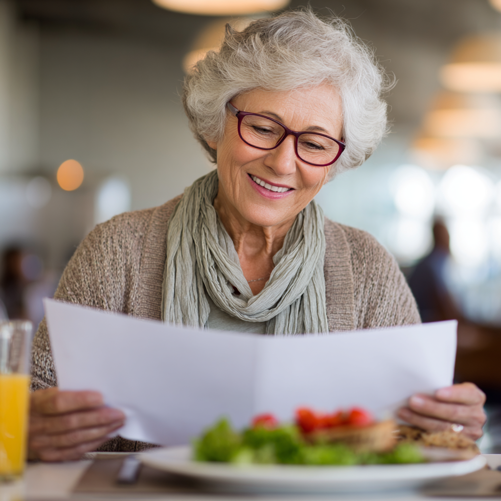 Happy senior woman reviewing healthy meal plan with satisfaction