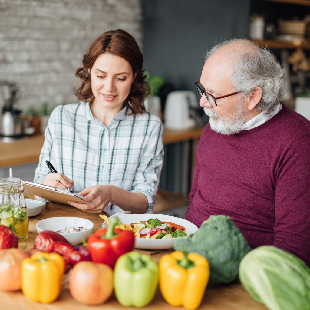 Nutritionist working with middle-aged person planning balanced meals